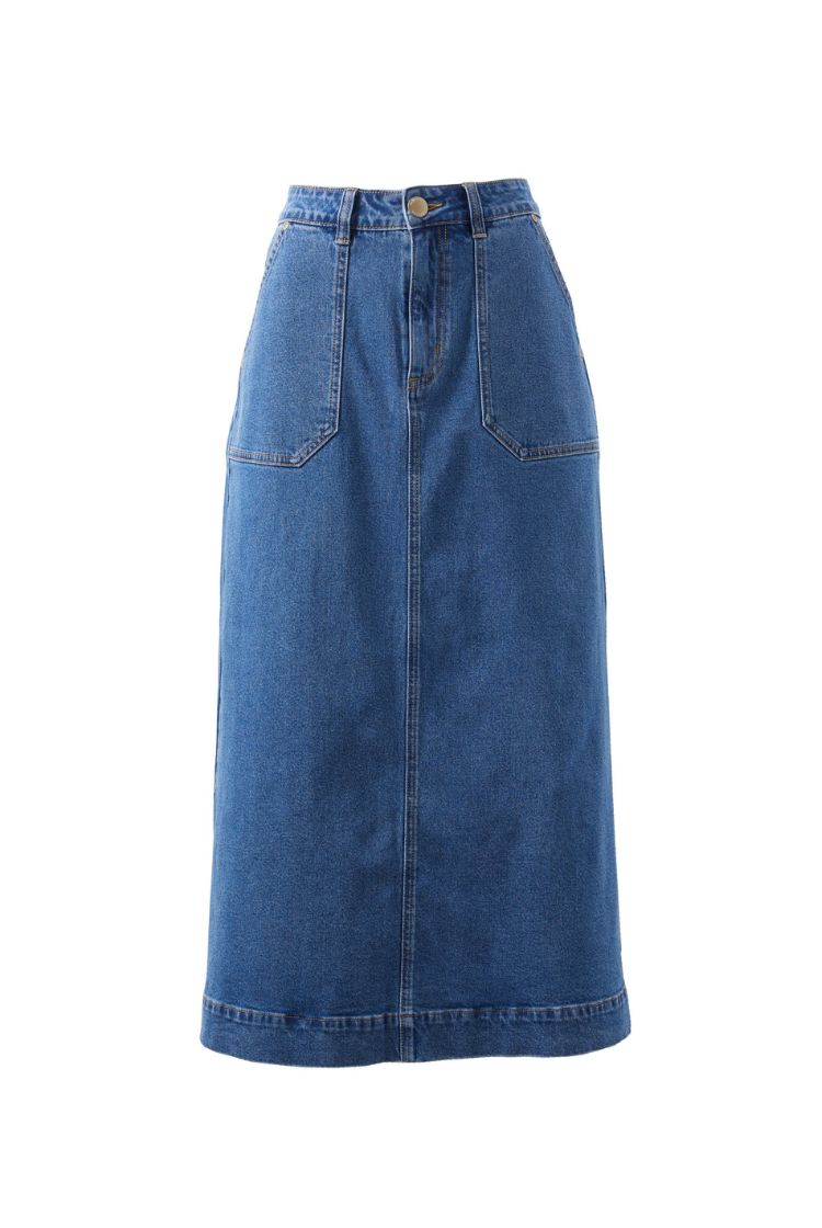 Patch Pocket Denim Midi Skirt | Fresh Indigo