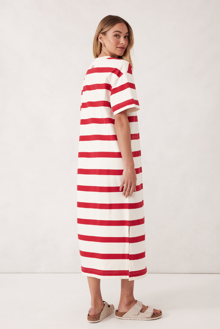 Midi Terry Dress | White Red Bold Stripe