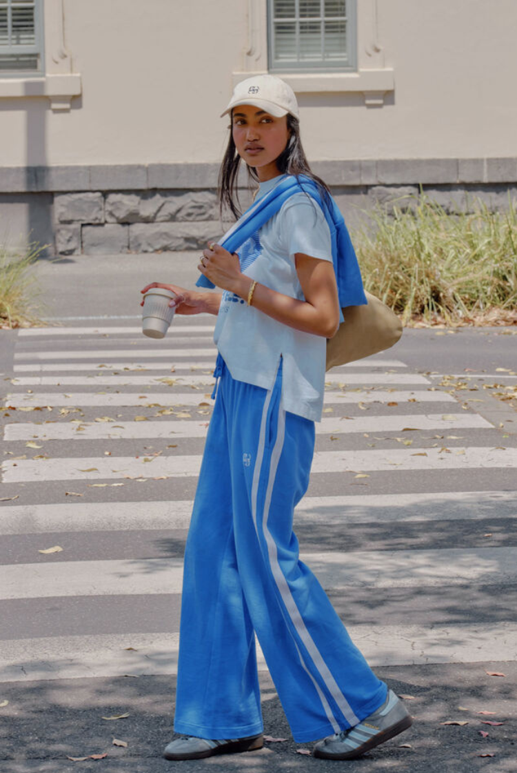 Gigi Wide Leg Terry Pant | Marine Blue Side Stripe