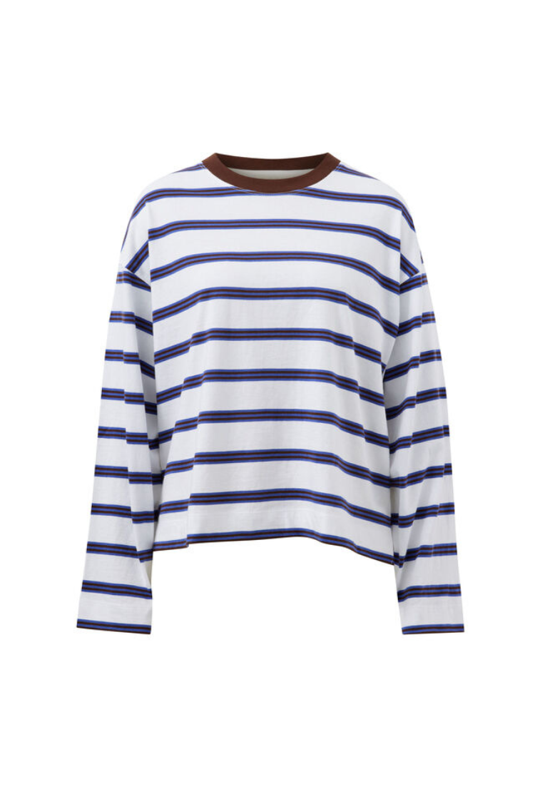 Beau Long Sleeve Slouchy Tee | White/ Polo Choc Stripe
