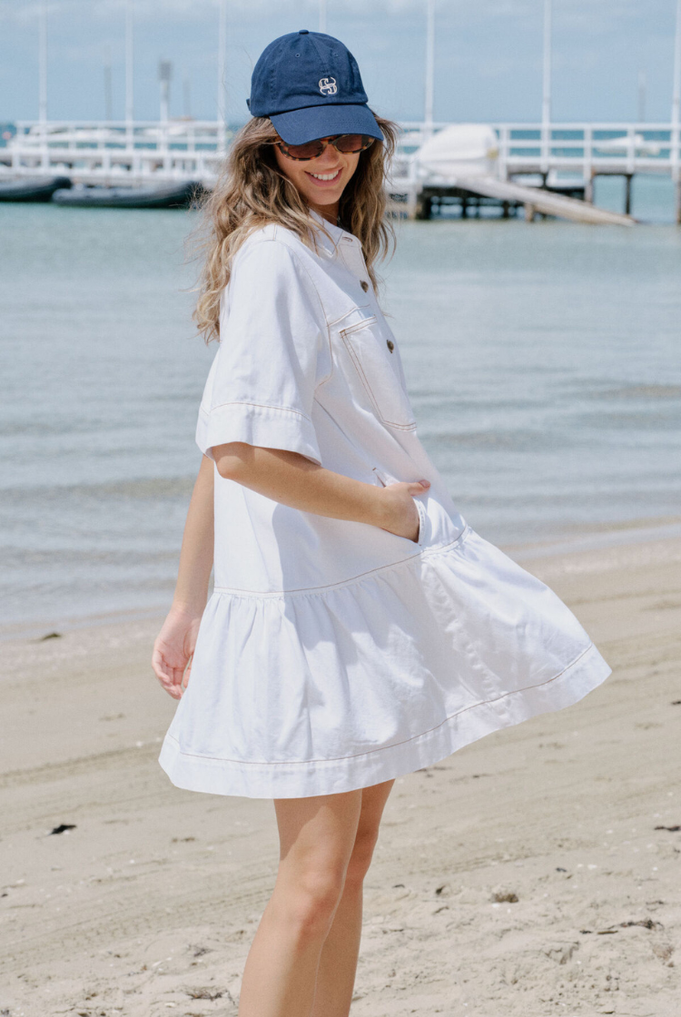 Short Sleeve Tiered Pocket Shirt Dress | Ecru