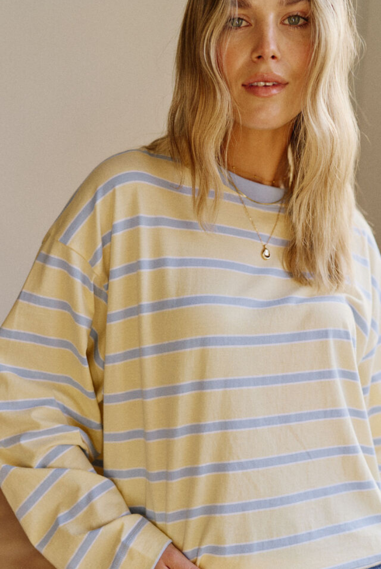 Beau Long Sleeve Slouchy Tee | Butter/ China Blue Stripe