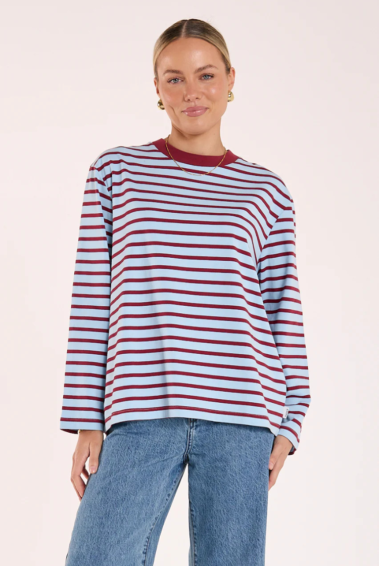 Carter Long Sleeve Tee | Wine/ Blue Stripe