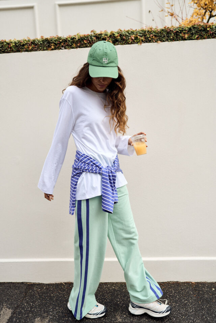 Gigi Wide Leg Terry Trackpant | Seafoam/ Polo Blue Side Stripe