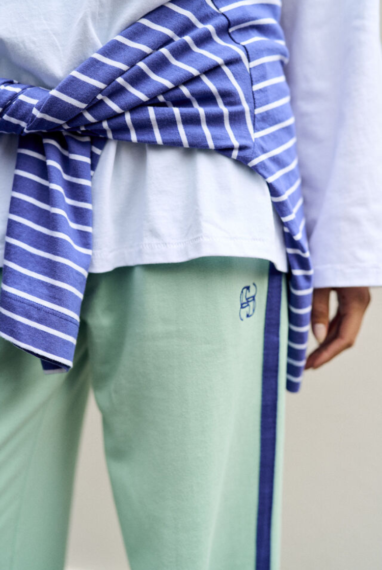 Gigi Wide Leg Terry Trackpant | Seafoam/ Polo Blue Side Stripe