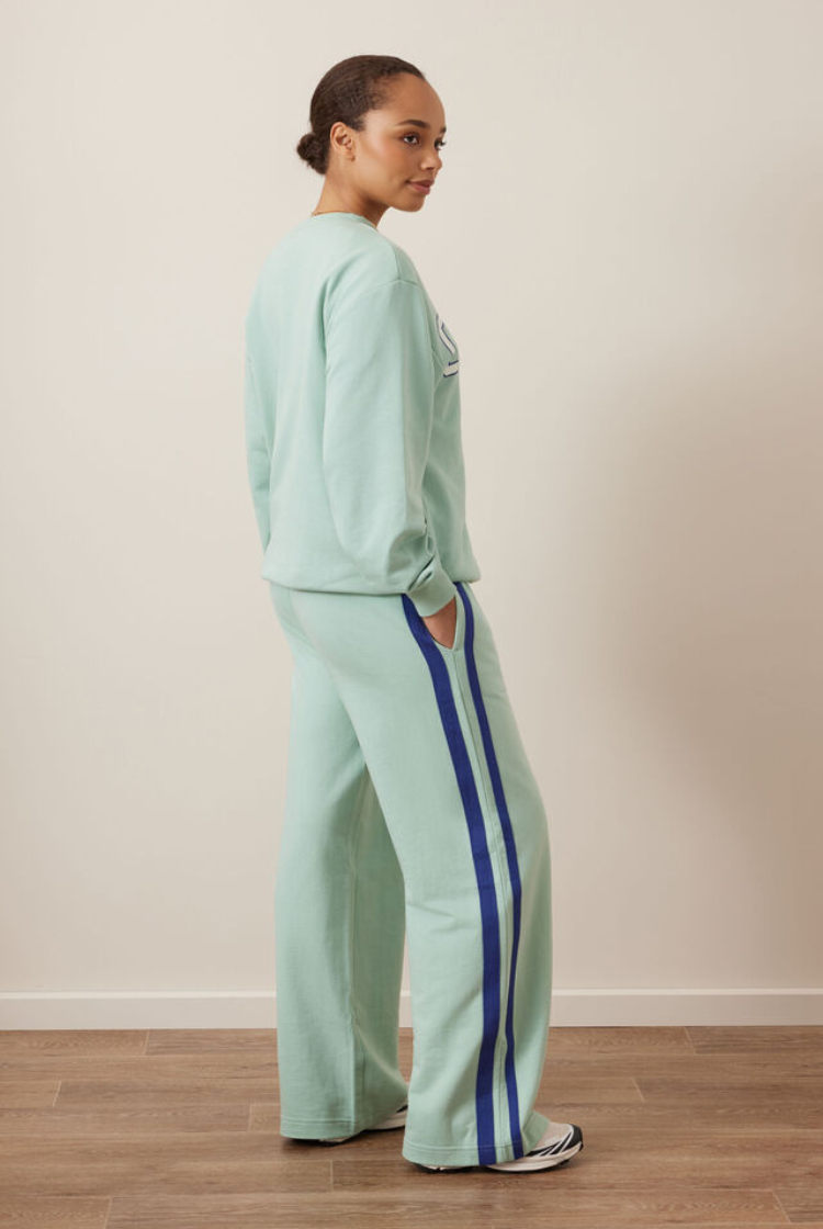 Gigi Wide Leg Terry Trackpant | Seafoam/ Polo Blue Side Stripe
