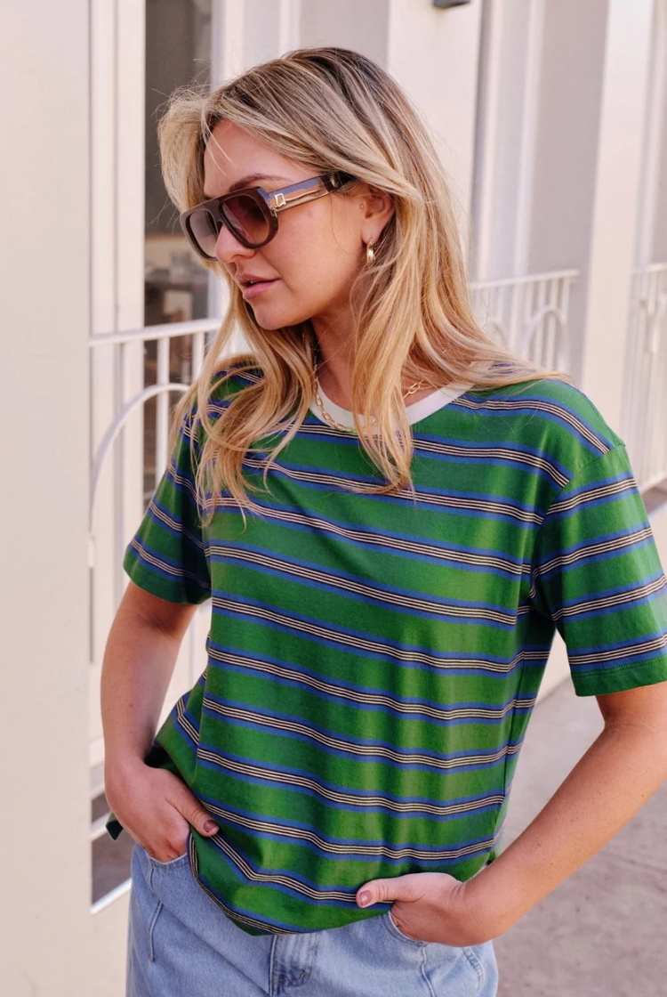 Stevie Slouchy Tee | Basil / Blue Stripe