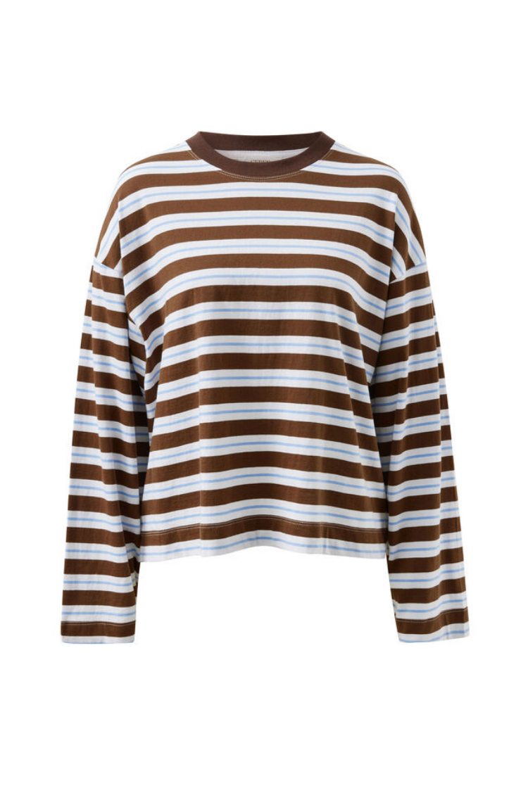 Beau Long Sleeve Slouchy Tee | Cocoa Skye Blue Stripe
