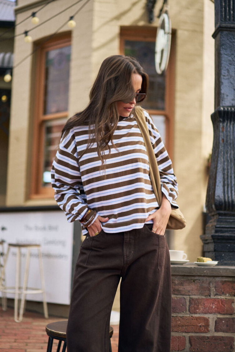 Beau Long Sleeve Slouchy Tee | Cocoa Skye Blue Stripe