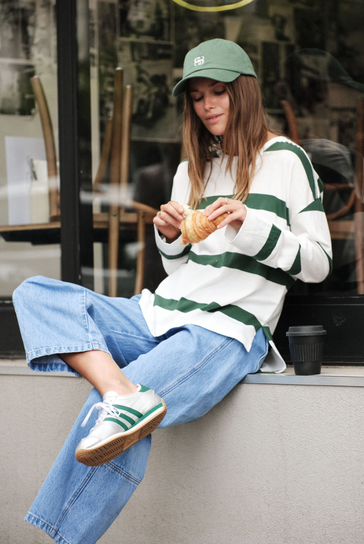 Slouchy Long Sleeve Tee | Vanilla & Pine Green Stripe