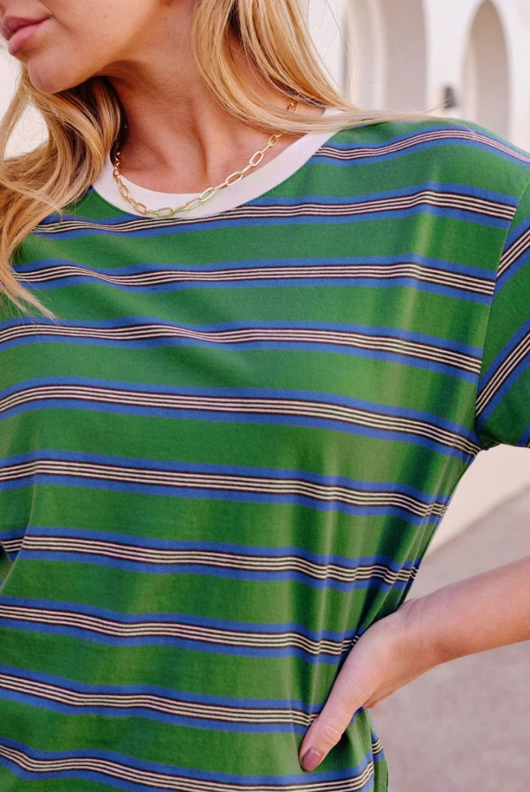 Stevie Slouchy Tee | Basil / Blue Stripe