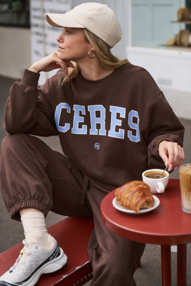 Isla Oversized Slouchy Crew | Brunette Brown/ Buff Sky Blue Heritage Logo
