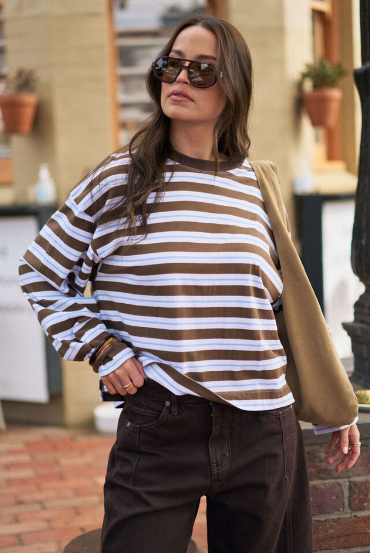 Beau Long Sleeve Slouchy Tee | Cocoa Skye Blue Stripe