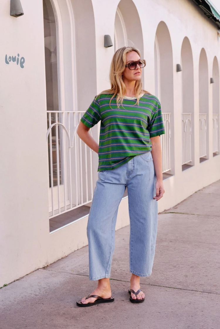 Stevie Slouchy Tee | Basil / Blue Stripe