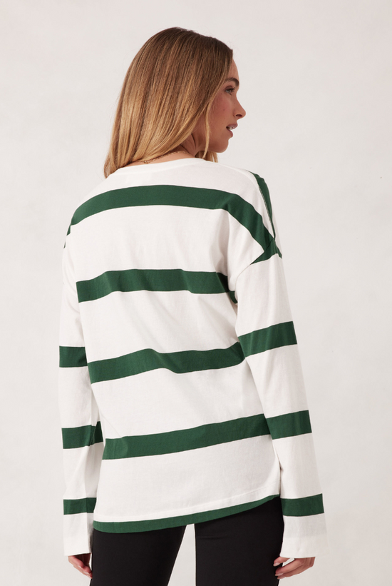 Slouchy Long Sleeve Tee | Vanilla & Pine Green Stripe