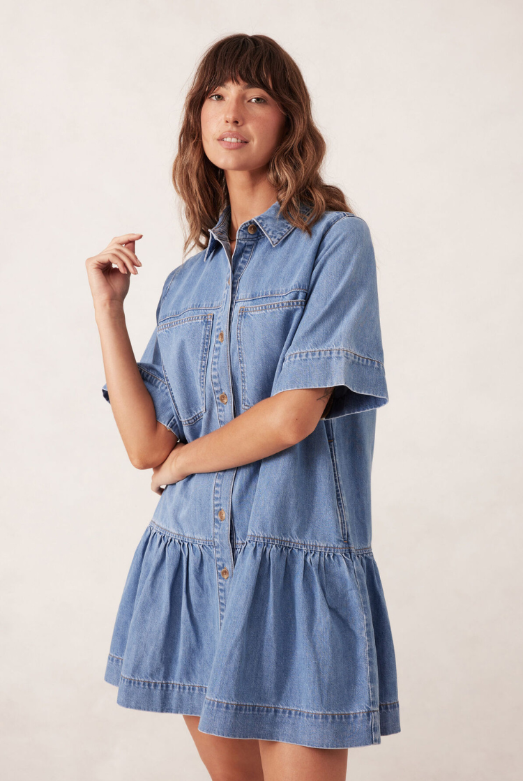 Short Sleeved Tiered Pocket Shirt Dress | Vintage Blue