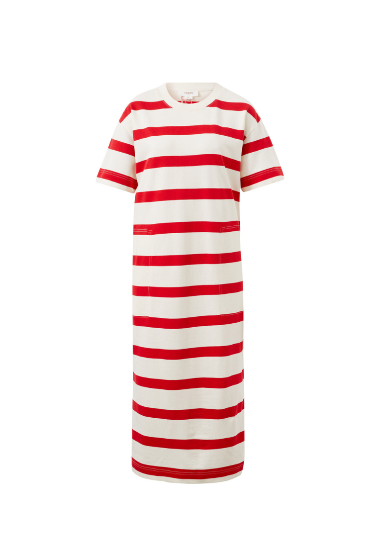 Midi Terry Dress | White Red Bold Stripe