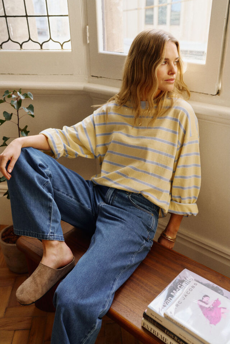 Beau Long Sleeve Slouchy Tee | Butter/ China Blue Stripe
