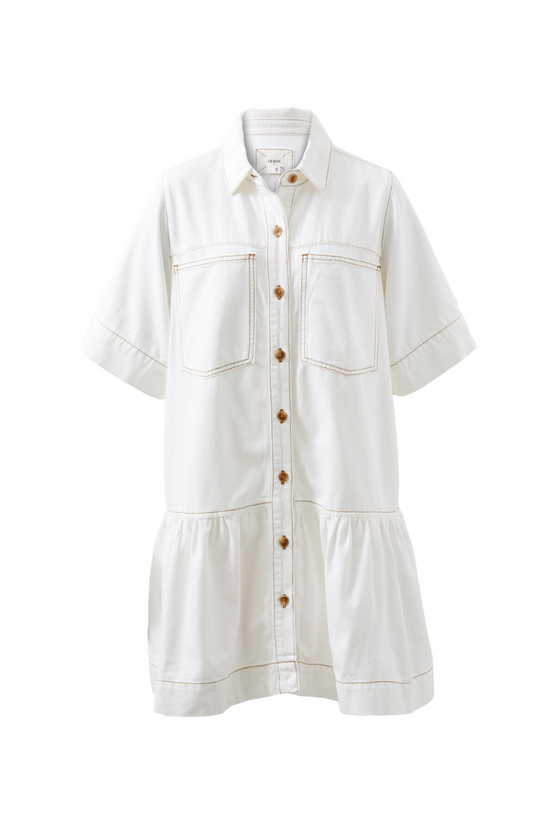 Short Sleeve Tiered Pocket Shirt Dress | Ecru