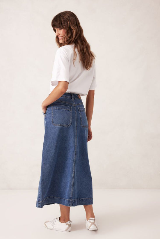 Patch Pocket Denim Midi Skirt | Fresh Indigo