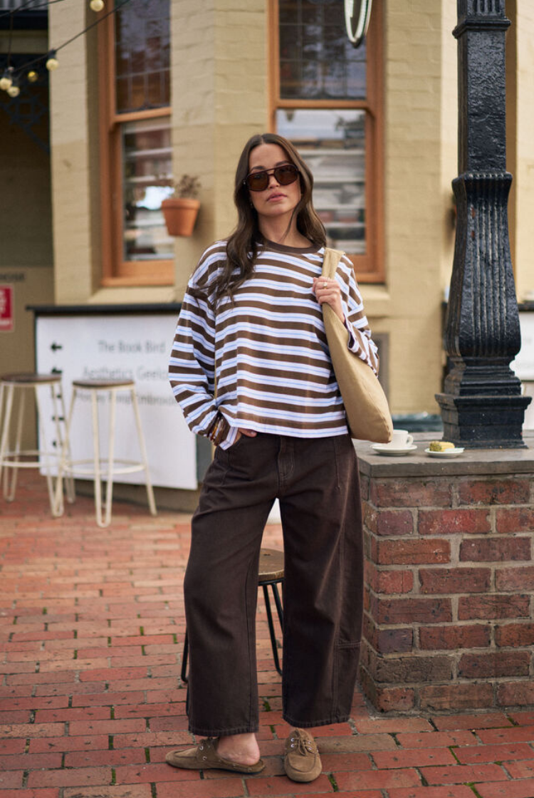 Beau Long Sleeve Slouchy Tee | Cocoa Skye Blue Stripe