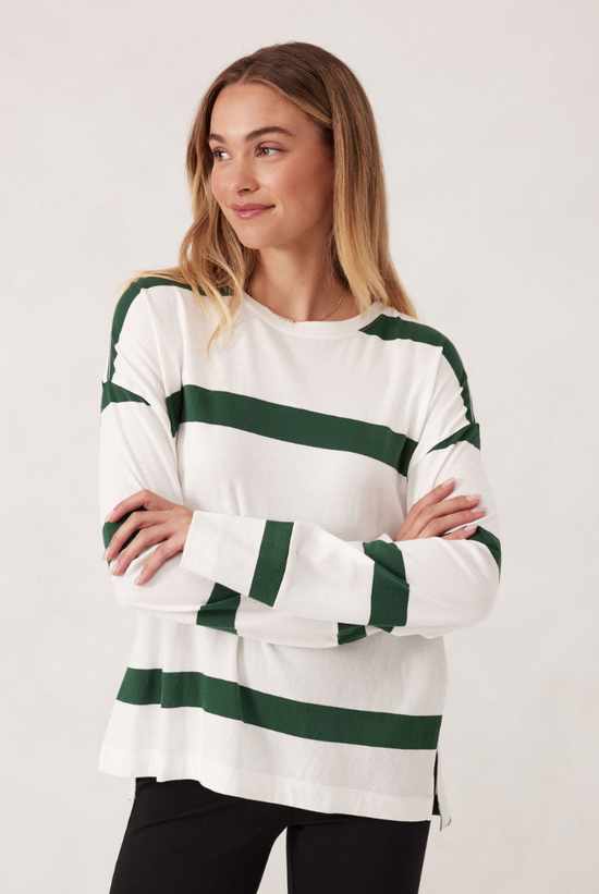 Slouchy Long Sleeve Tee | Vanilla & Pine Green Stripe