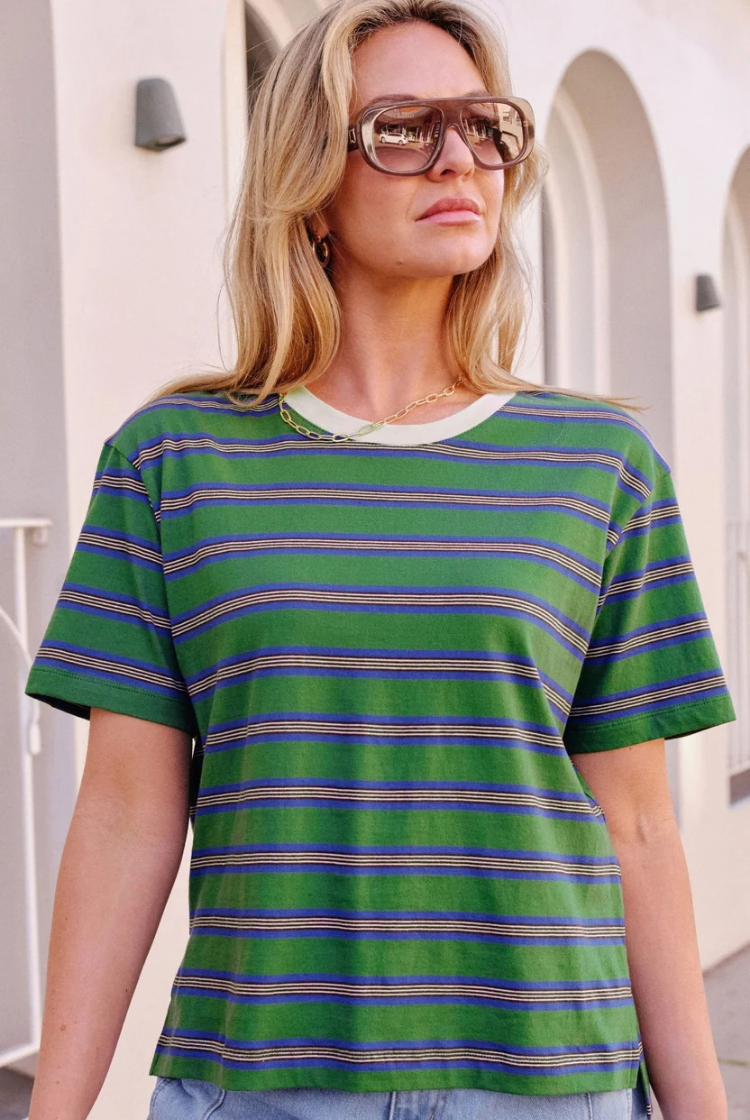 Stevie Slouchy Tee | Basil / Blue Stripe