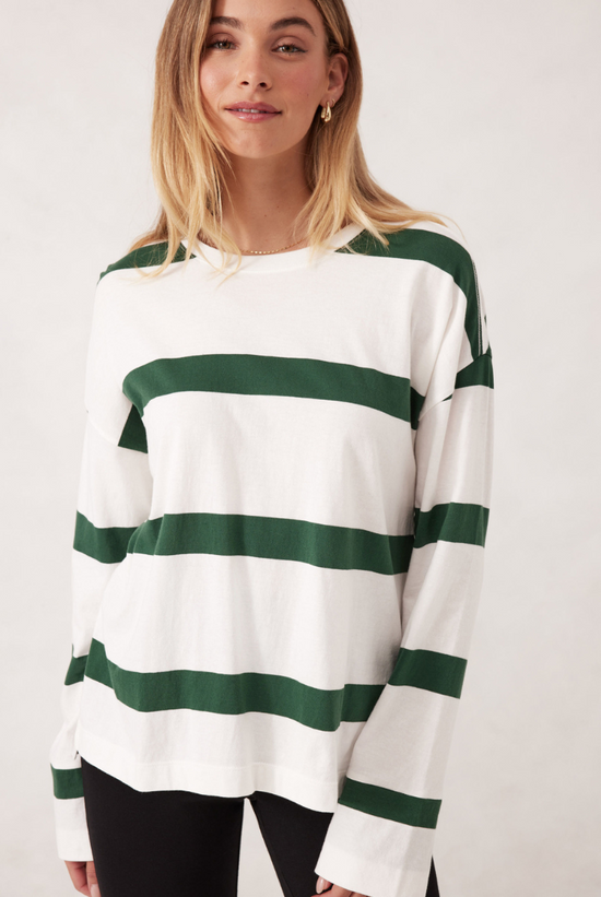 Slouchy Long Sleeve Tee | Vanilla & Pine Green Stripe