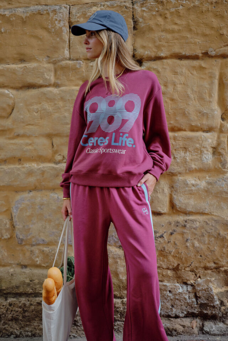 Gigi Wide Leg Terry Trackpant | Washed Burgundy Sky Blue Side Stripe