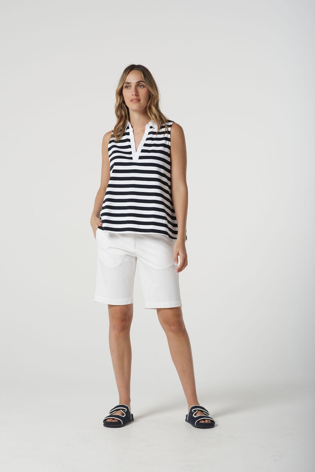 Sleeveless Stripe Polo | White / Navy