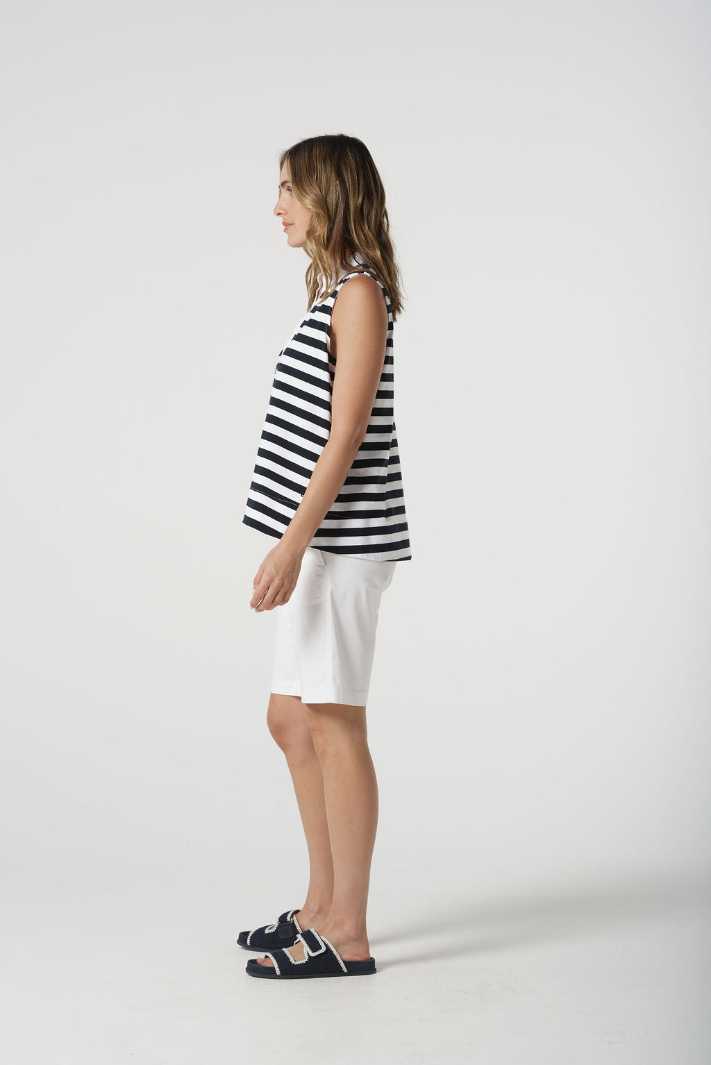 Sleeveless Stripe Polo | White / Navy