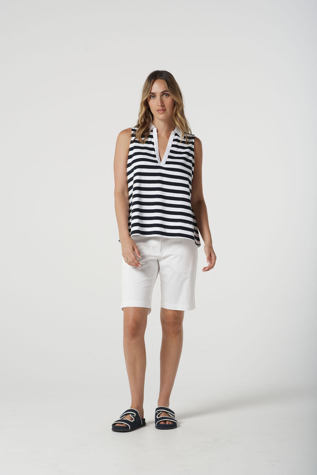Sleeveless Stripe Polo | White / Navy