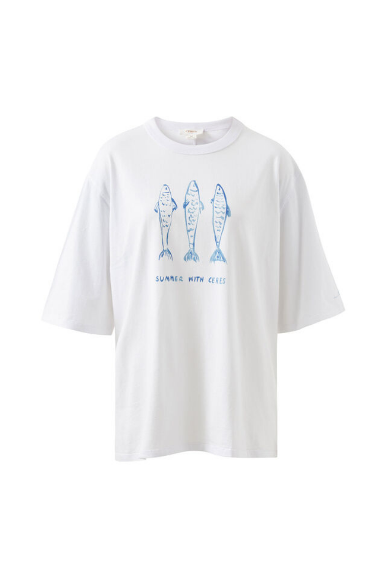 Liv Oversized Tee | White/ Summer Fish