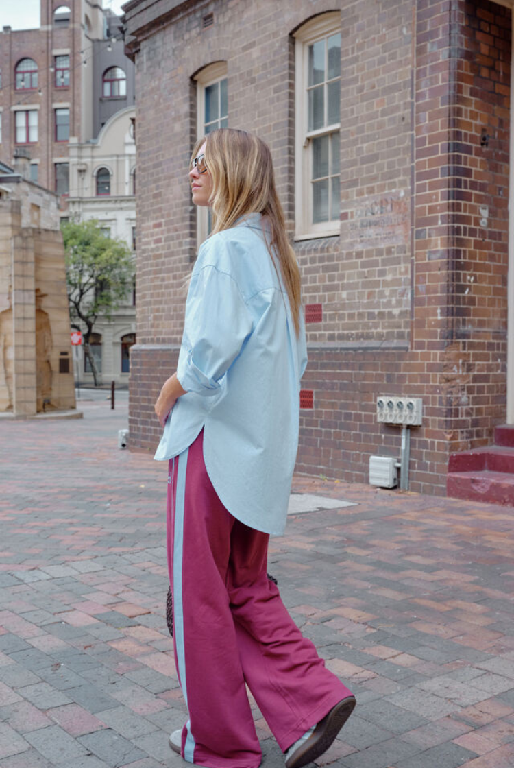 Gigi Wide Leg Terry Trackpant | Washed Burgundy Sky Blue Side Stripe