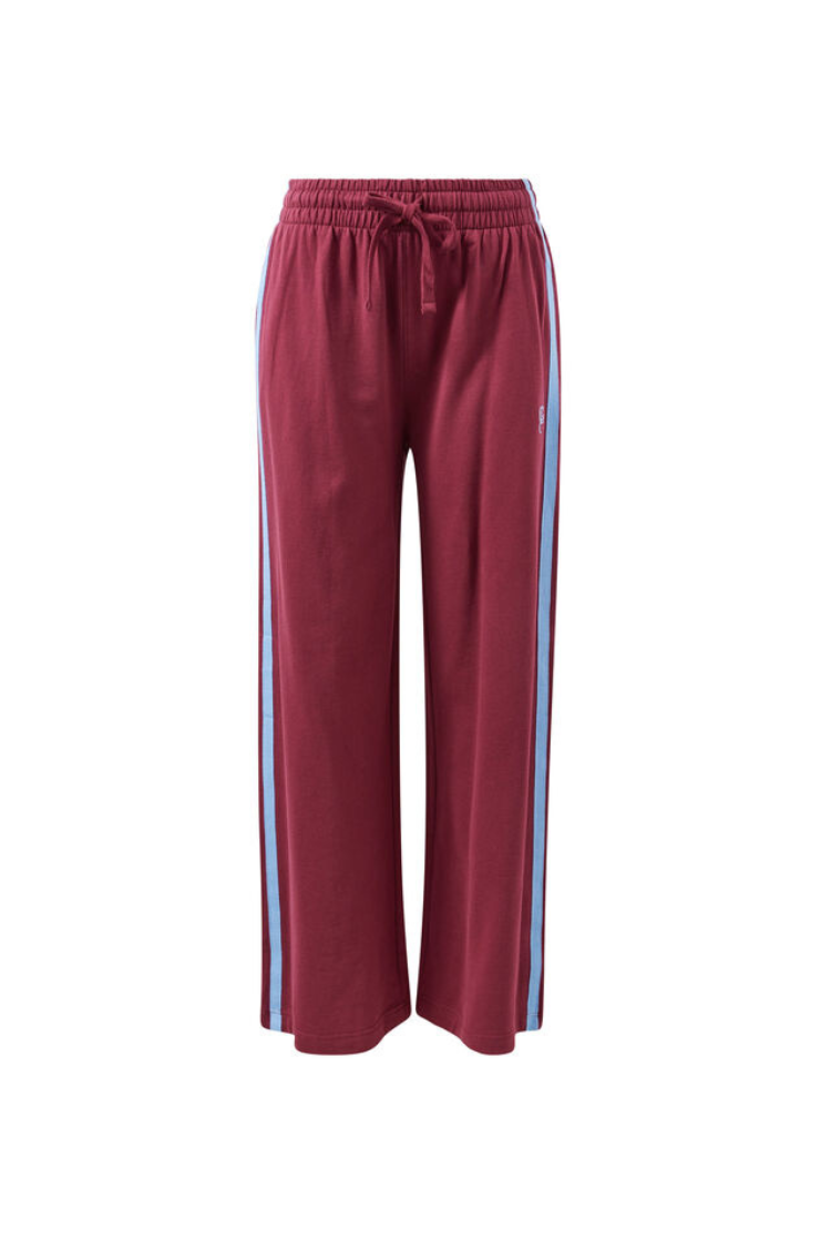 Gigi Wide Leg Terry Trackpant | Washed Burgundy Sky Blue Side Stripe