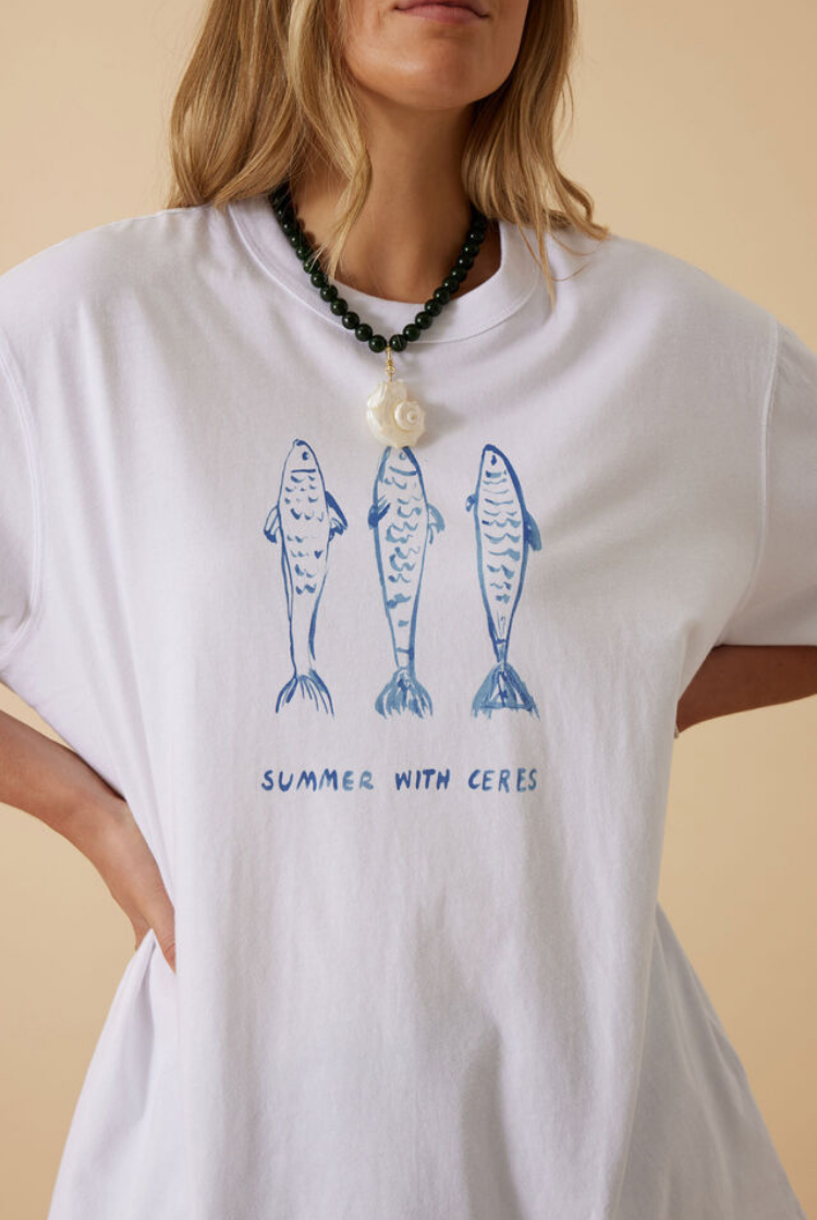Liv Oversized Tee | White/ Summer Fish