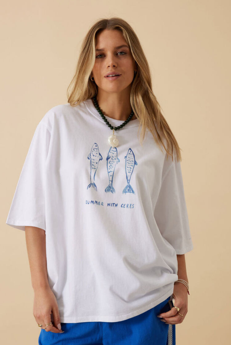 Liv Oversized Tee | White/ Summer Fish