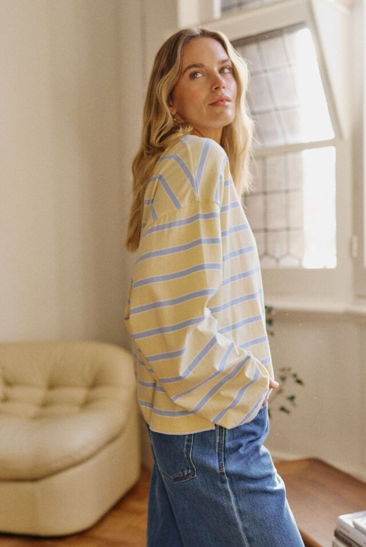 Beau Long Sleeve Slouchy Tee | Butter/ China Blue Stripe