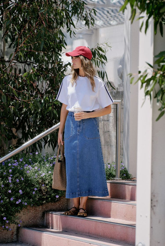 Patch Pocket Denim Midi Skirt | Fresh Indigo