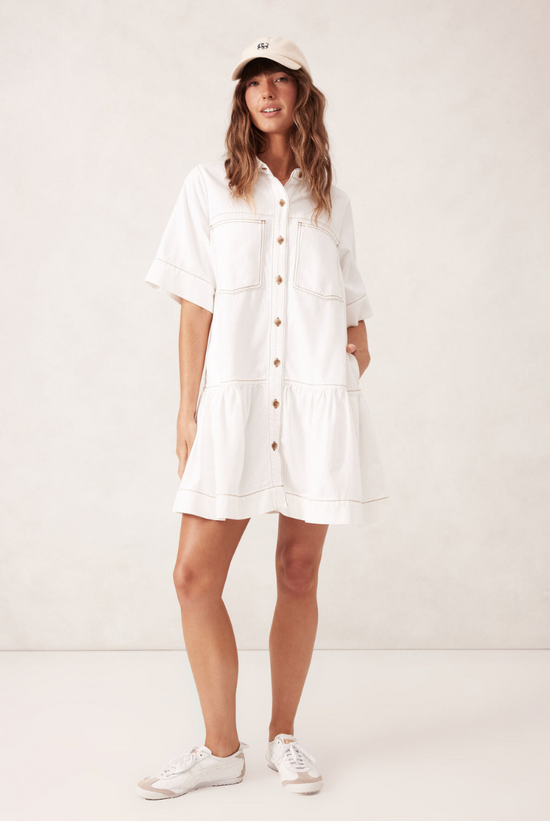 Short Sleeve Tiered Pocket Shirt Dress | Ecru