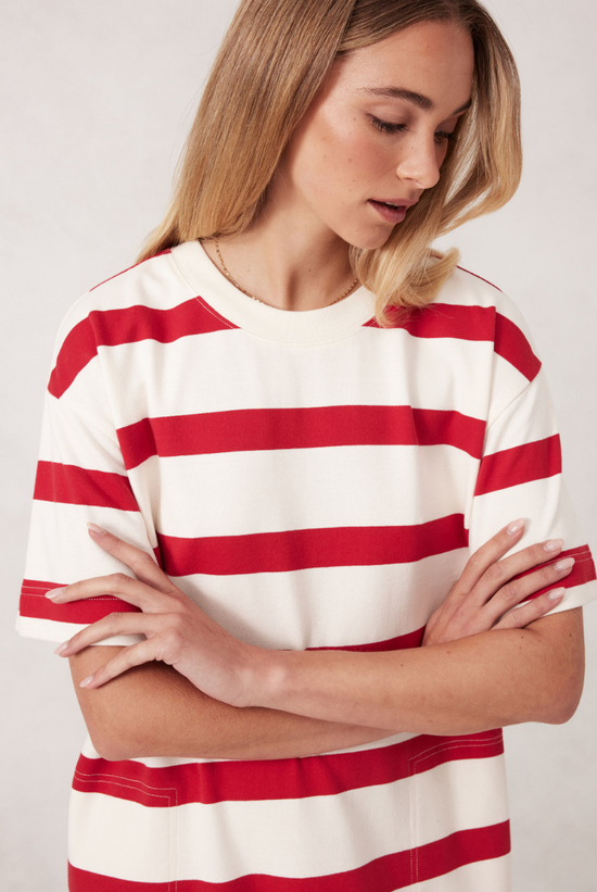 Midi Terry Dress | White Red Bold Stripe