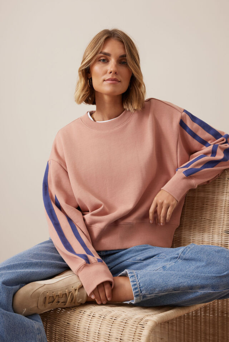 Sasha Sporty Slouchy Crew | Pink Clay Washed Navy Side Stripe