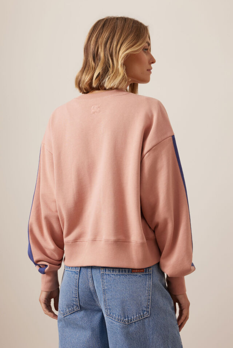 Sasha Sporty Slouchy Crew | Pink Clay Washed Navy Side Stripe