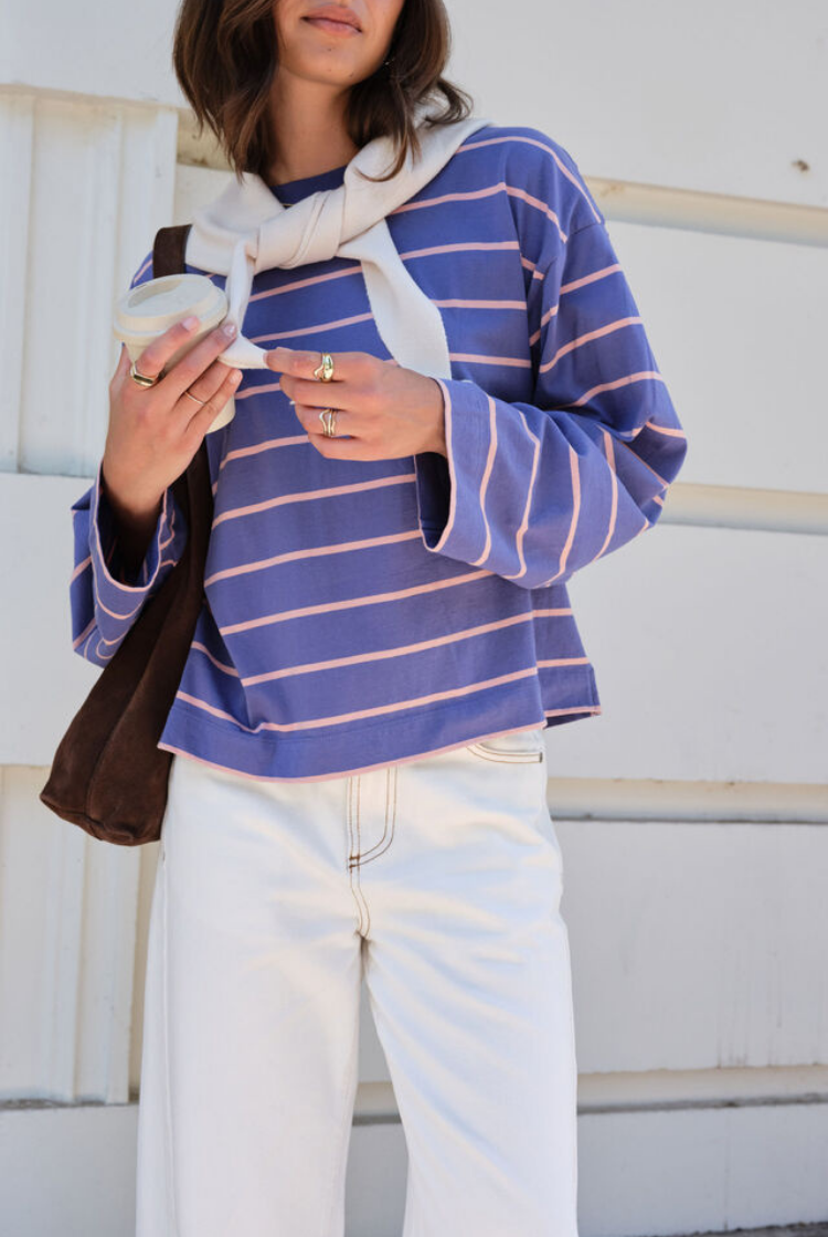 Beau Long Sleeve Slouchy Tee | Washed Navy/ Pink Clay