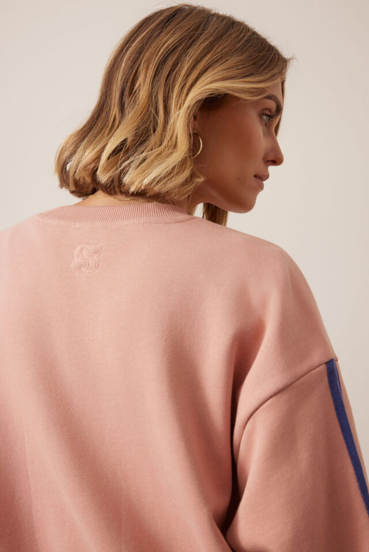 Sasha Sporty Slouchy Crew | Pink Clay Washed Navy Side Stripe