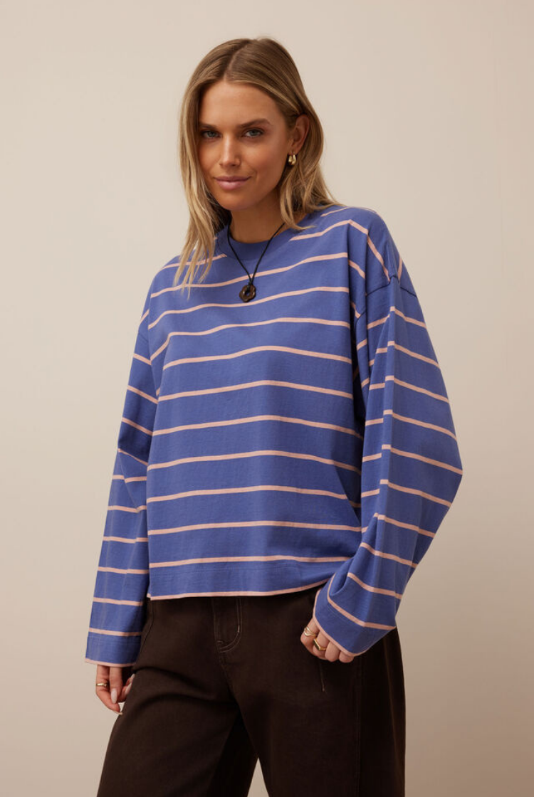 Beau Long Sleeve Slouchy Tee | Washed Navy/ Pink Clay