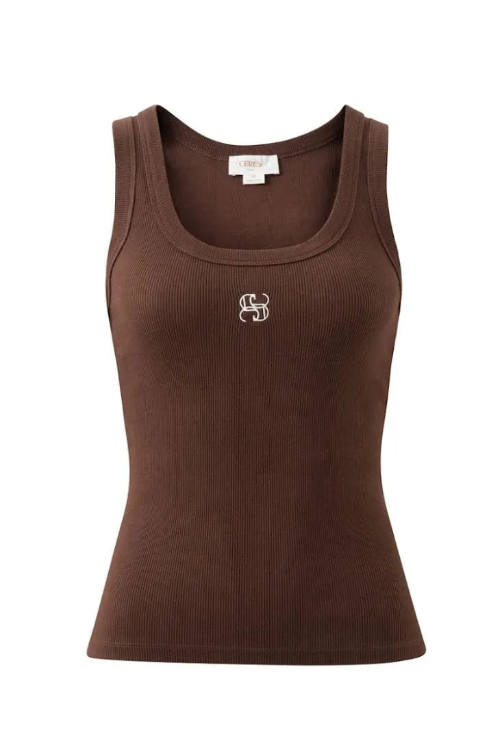 Zoe Contour Rib Scoop Tank | Chocolate/ Monogram Embroidery