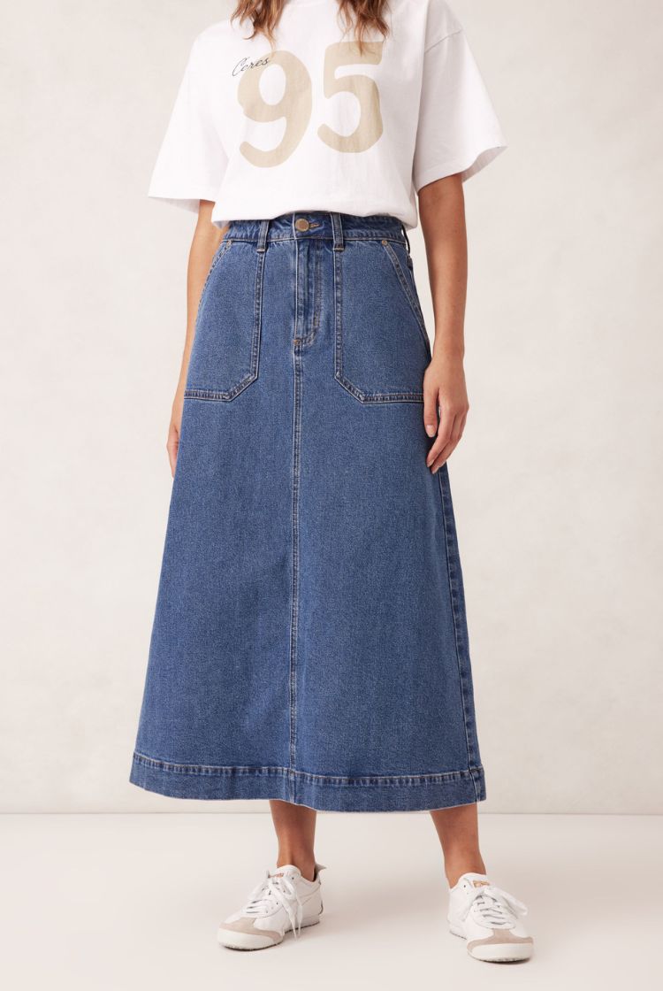 Patch Pocket Denim Midi Skirt | Fresh Indigo