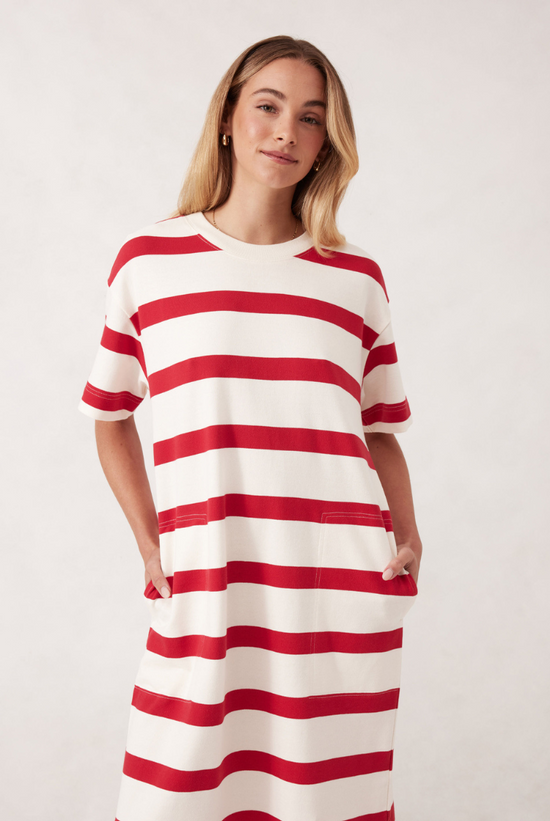 Midi Terry Dress | White Red Bold Stripe