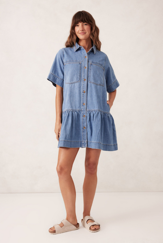 Short Sleeved Tiered Pocket Shirt Dress | Vintage Blue